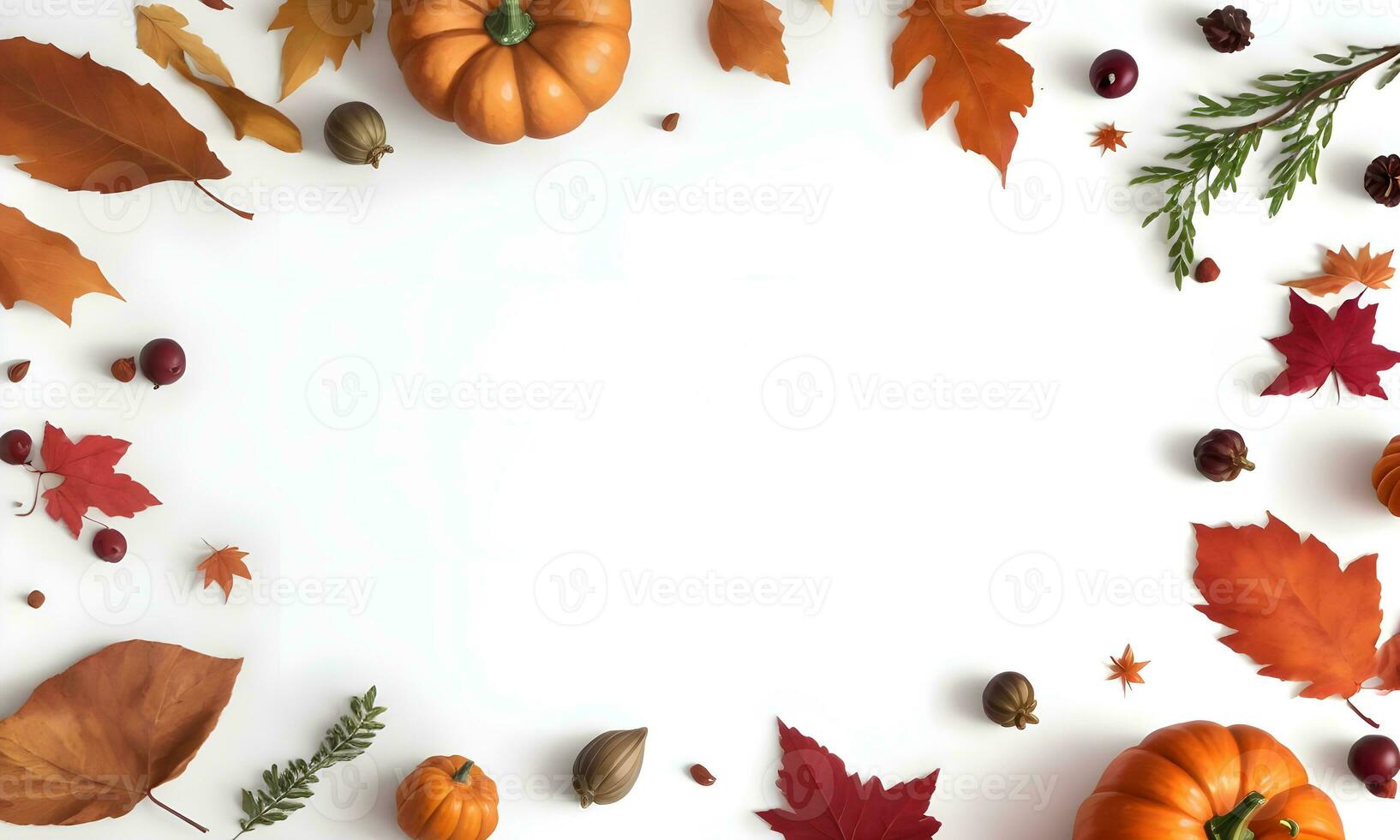 höst platt lägga löv med pumpa i vit bakgrund med kopia Plats ai genererad foto