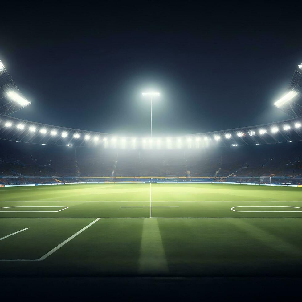 panorama- se av fotboll stadion. tömma natt fotboll fält, ingen, baner mall, kopia Plats. ai genererad foto