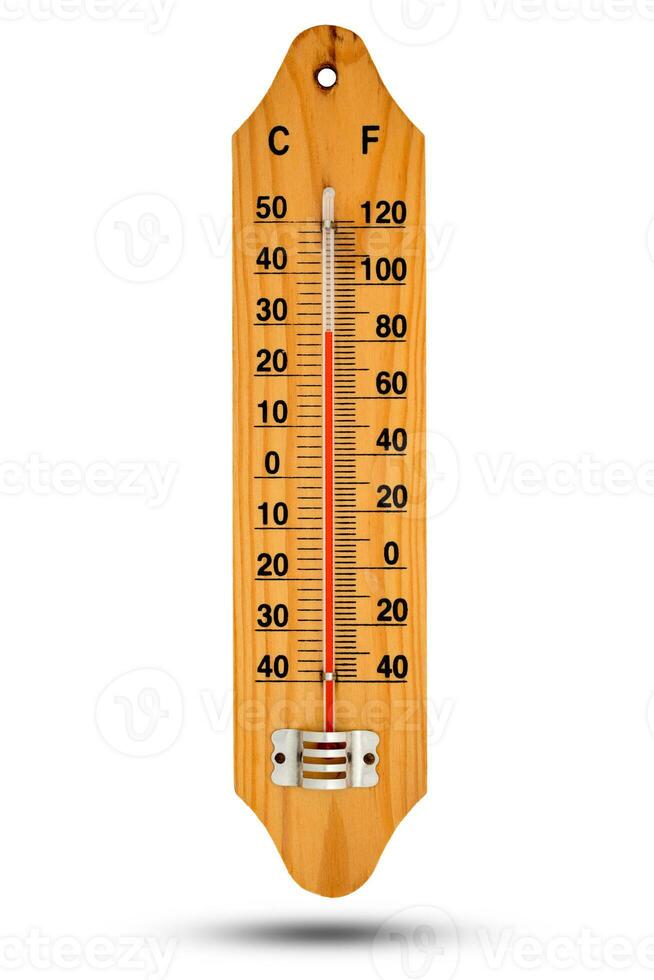 termometer på trä- bas med celsius skala. ikon för din design. foto