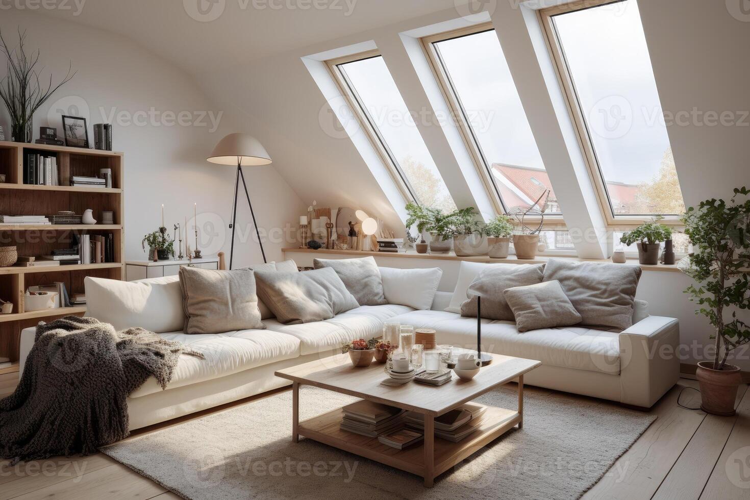 modern stil interiör levande rum värma scandinavian och mysigt med trä- dekoration, mysigt beige tona snygg, möbel, bekväm säng, minimal dekor design bakgrund. foto