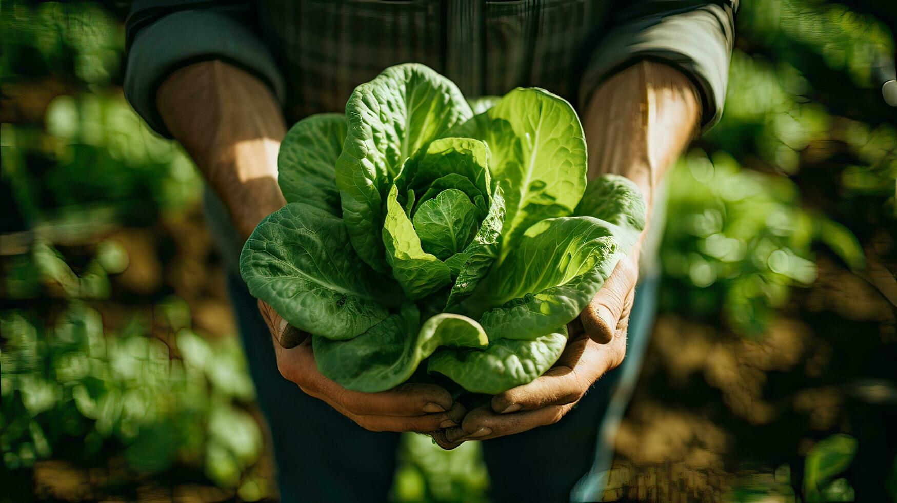 frodig grön sallad inbäddat i mild händer, blomstrande i bördig trädgård jord från ett antenn perspektiv. ai genererad foto