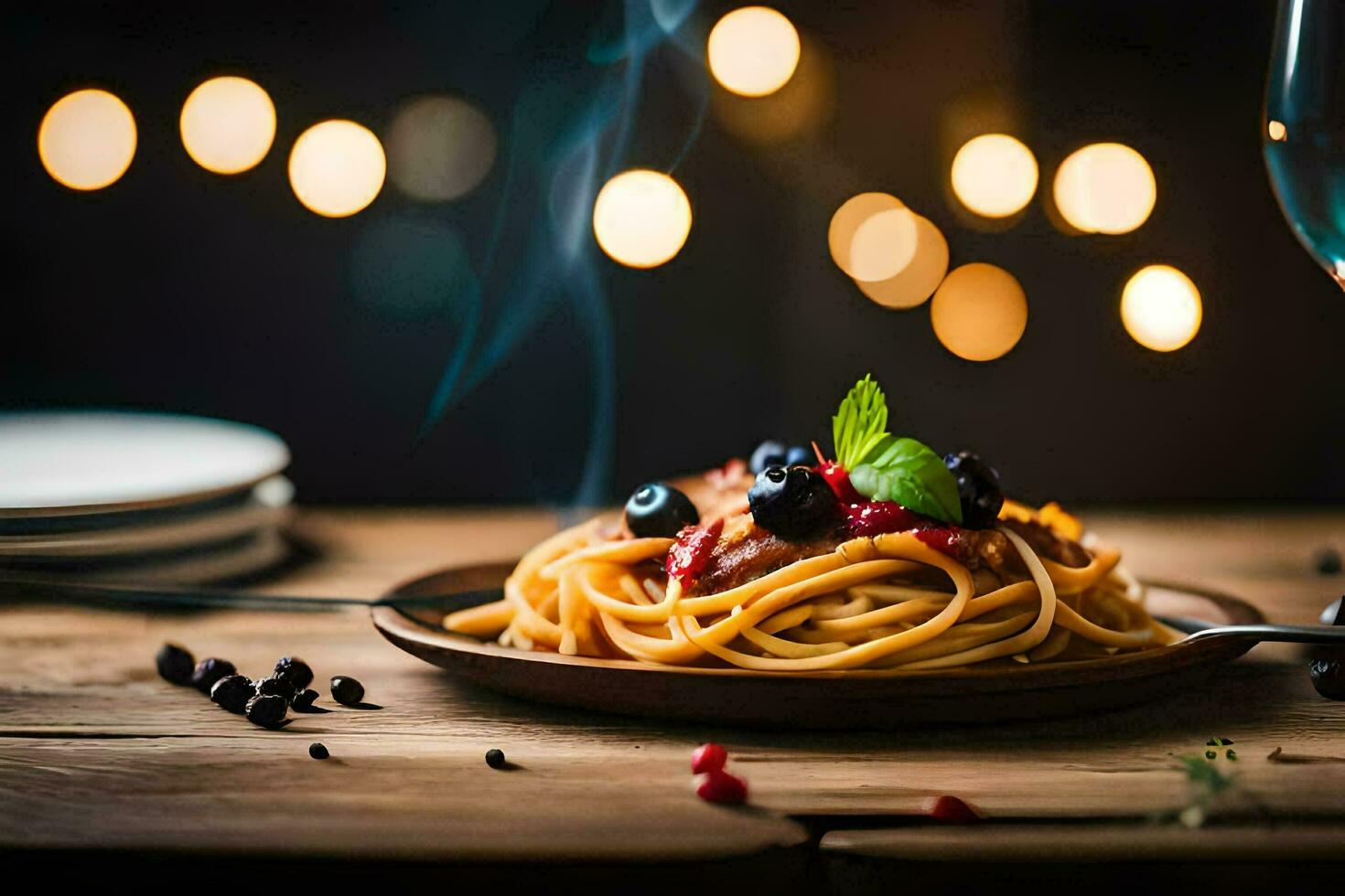 spaghetti med tomat sås och blåbär på en tallrik. ai-genererad foto