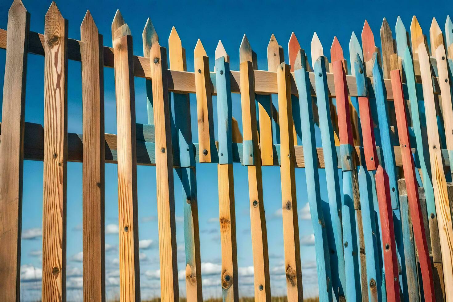 en staket tillverkad av färgrik trä- pinnar. ai-genererad foto