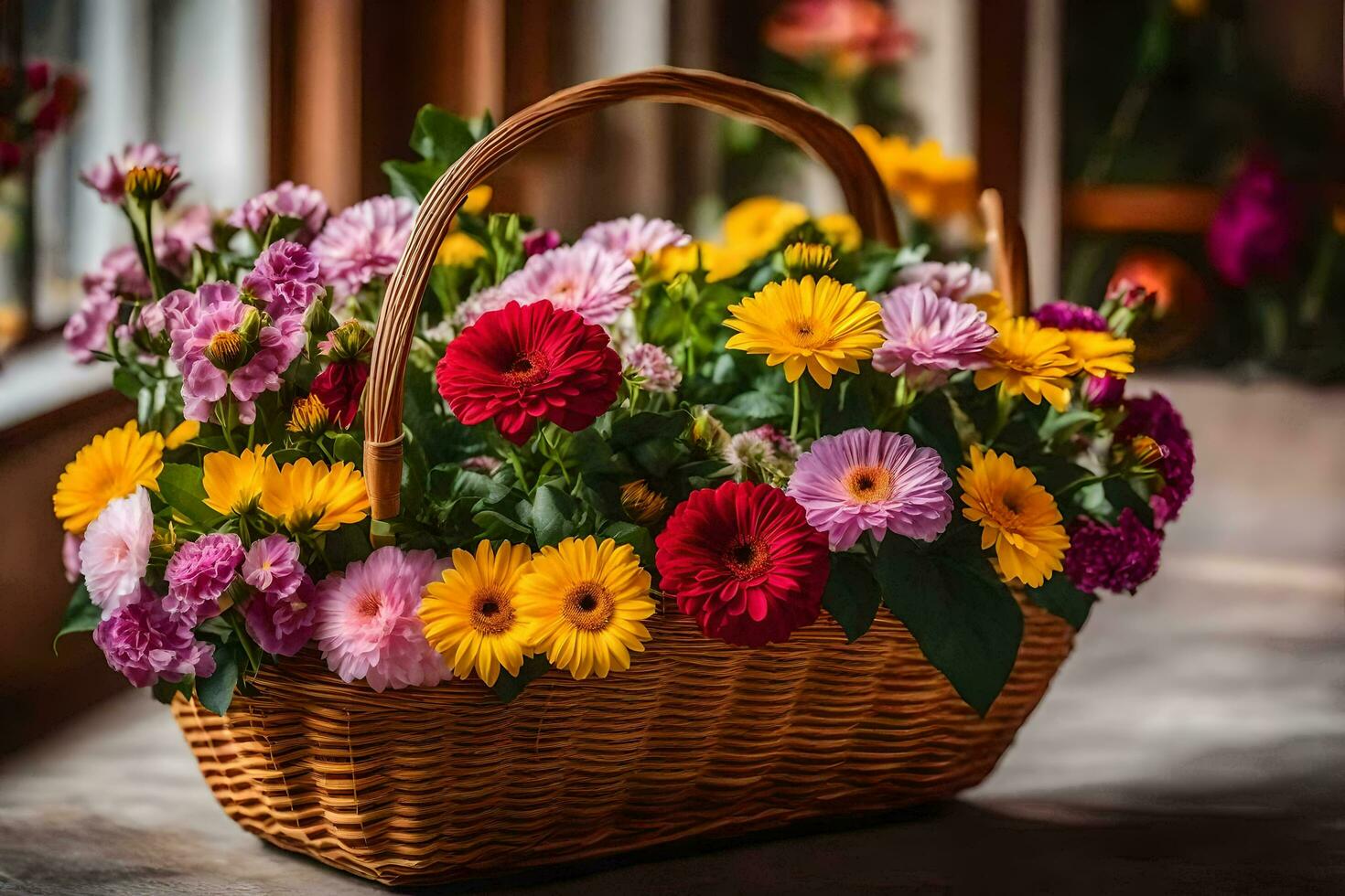 en korg fylld med färgrik blommor Sammanträde på en tabell. ai-genererad foto