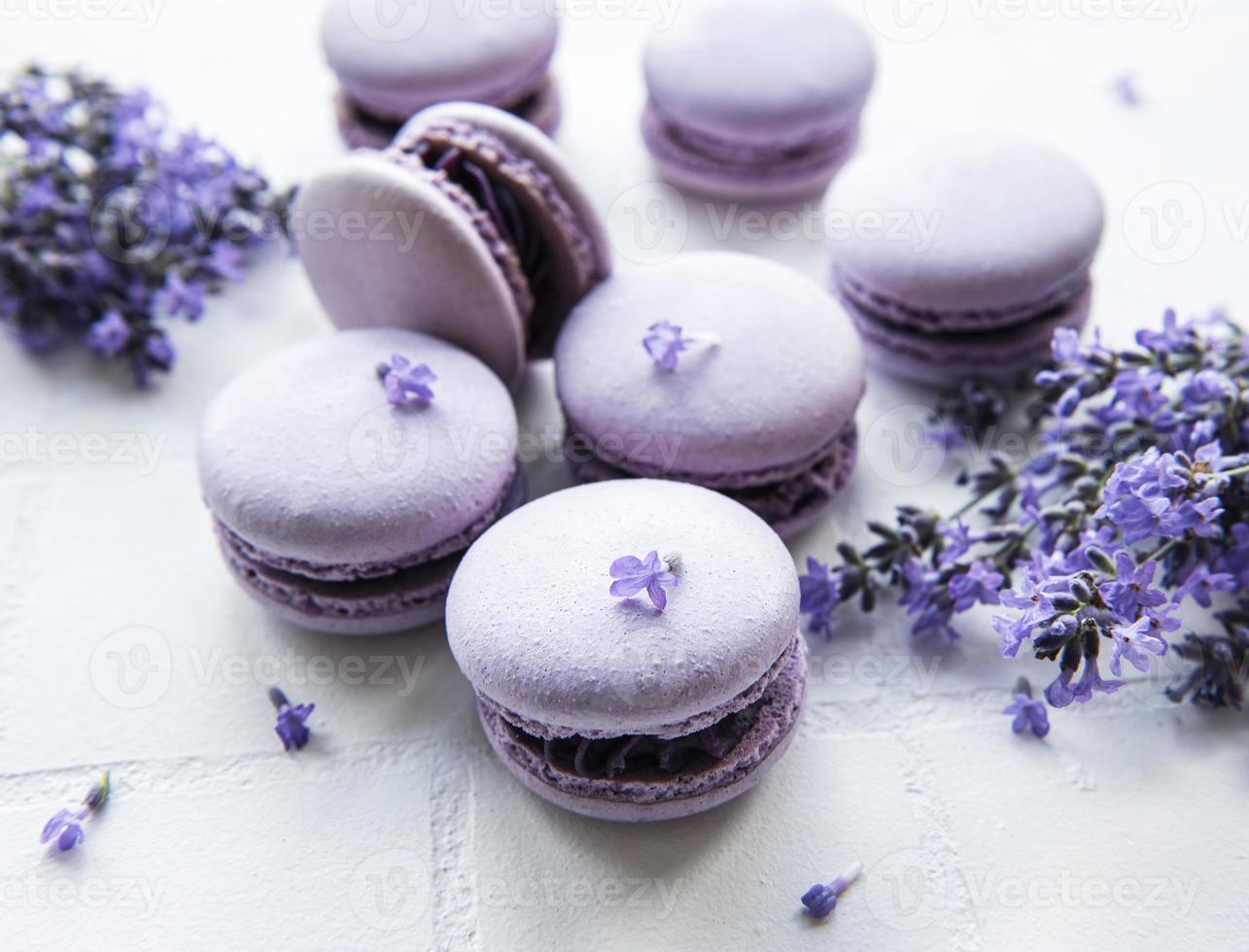 franska macarons med lavendelsmak och färska lavendelblommor foto