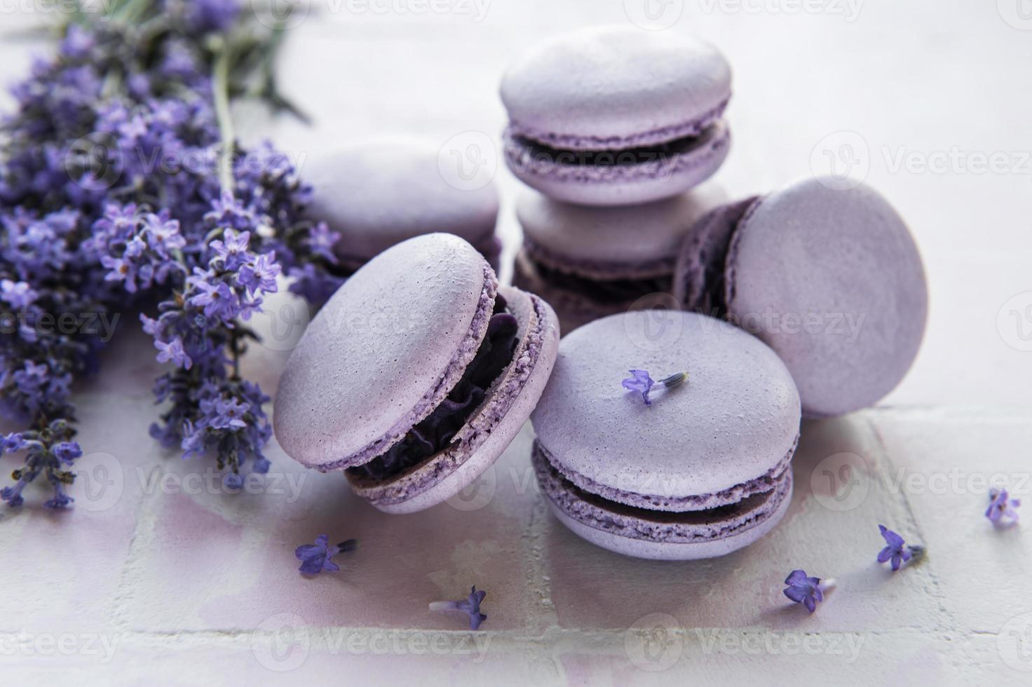 franska macarons med lavendelsmak och färska lavendelblommor foto