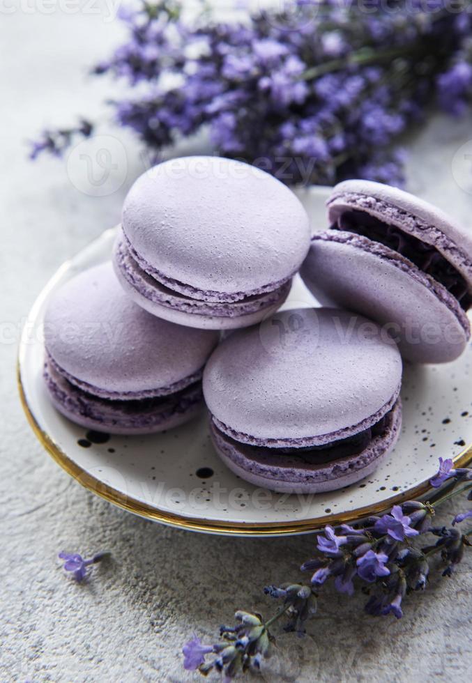 franska macarons med lavendelsmak och färska lavendelblommor foto