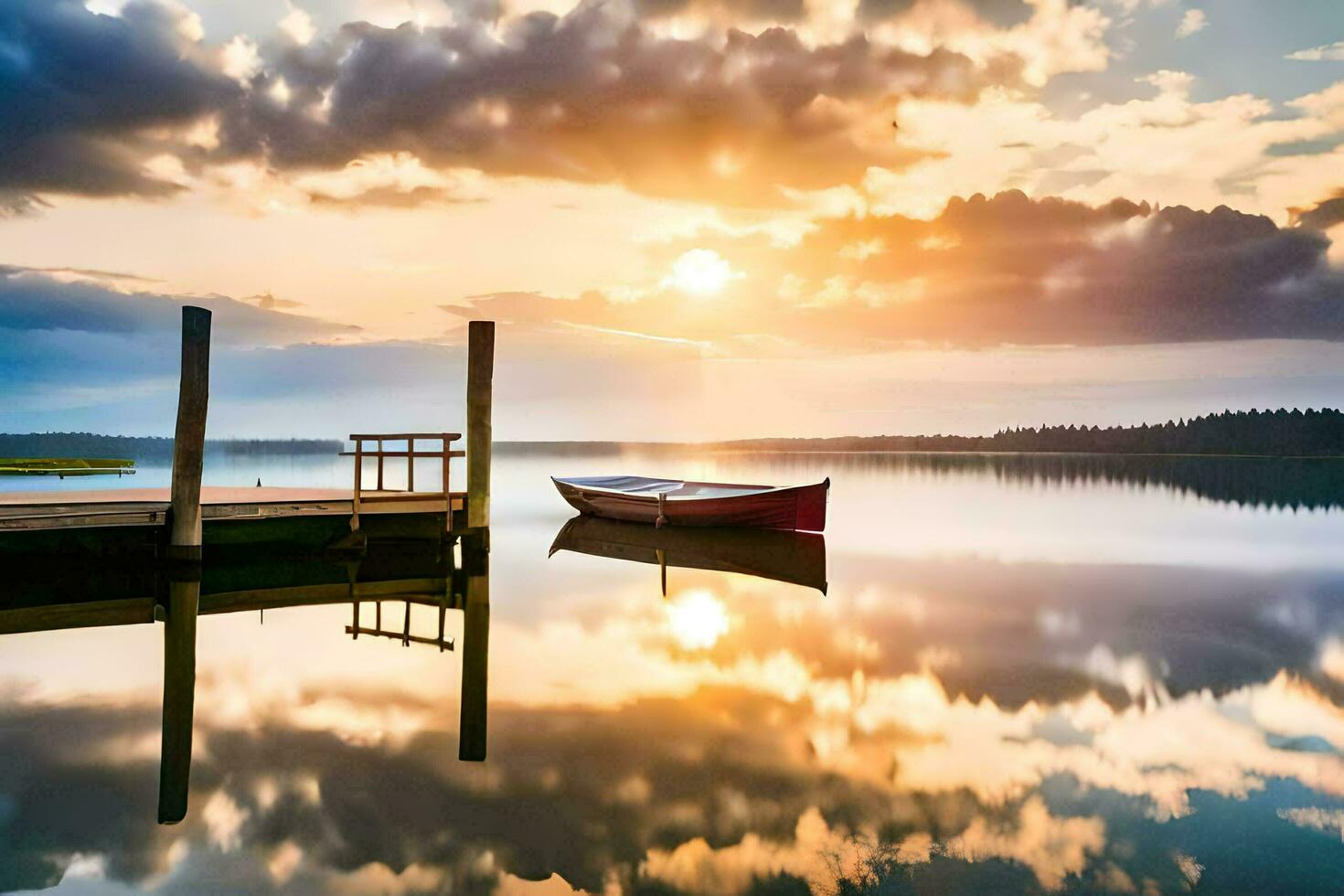 en båt sitter på de docka på solnedgång. ai-genererad foto