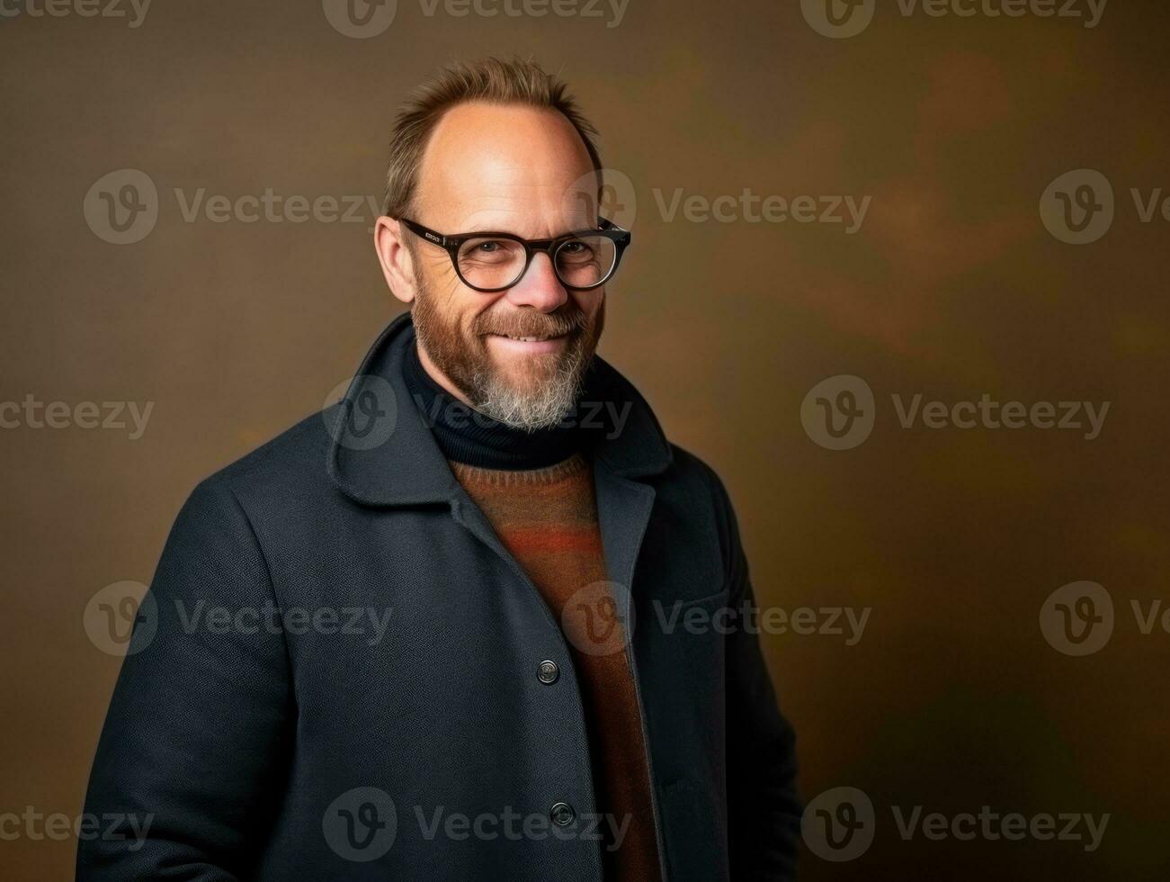 Lycklig europeisk man i tillfällig Kläder mot en neutral bakgrund ai generativ foto