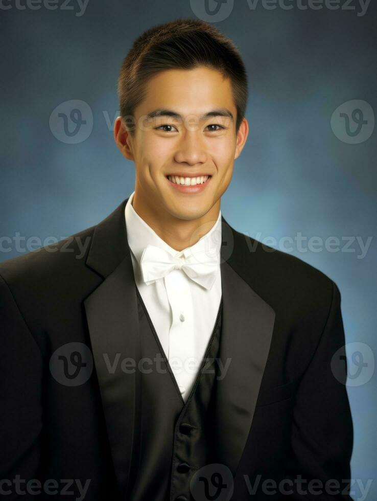 leende ung man av asiatisk härkomst klädd i kostym på grå bakgrund ai generativ foto