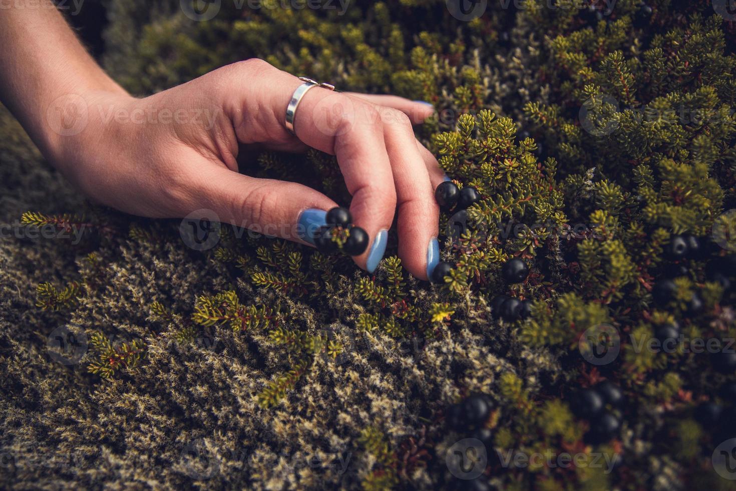 kvinna vidrör stenmossan i naturen och utbyter känslomässig energi foto