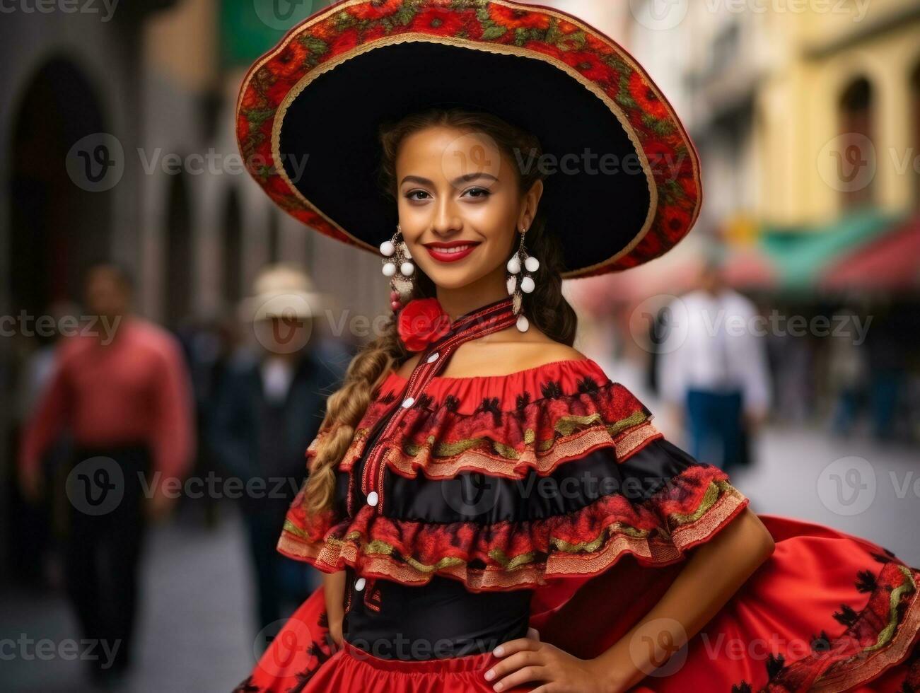 leende ung kvinna av mexikansk härkomst klädd i elegant klänning på grå bakgrund ai generativ foto