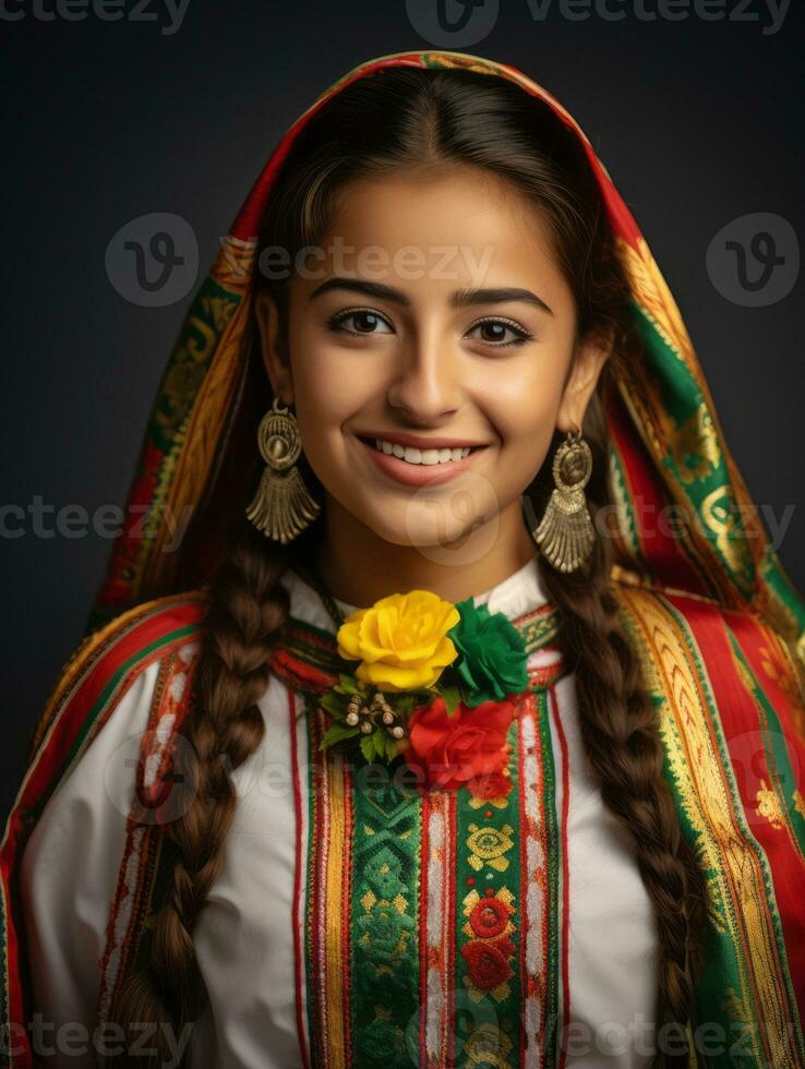 leende ung kvinna av mexikansk härkomst klädd i elegant klänning på grå bakgrund ai generativ foto