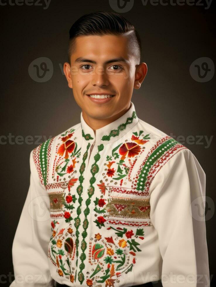 leende ung man av mexikansk härkomst mot neutral bakgrund ai generativ foto