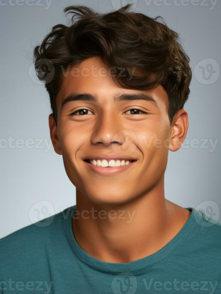 leende ung man av mexikansk härkomst mot neutral bakgrund ai generativ foto