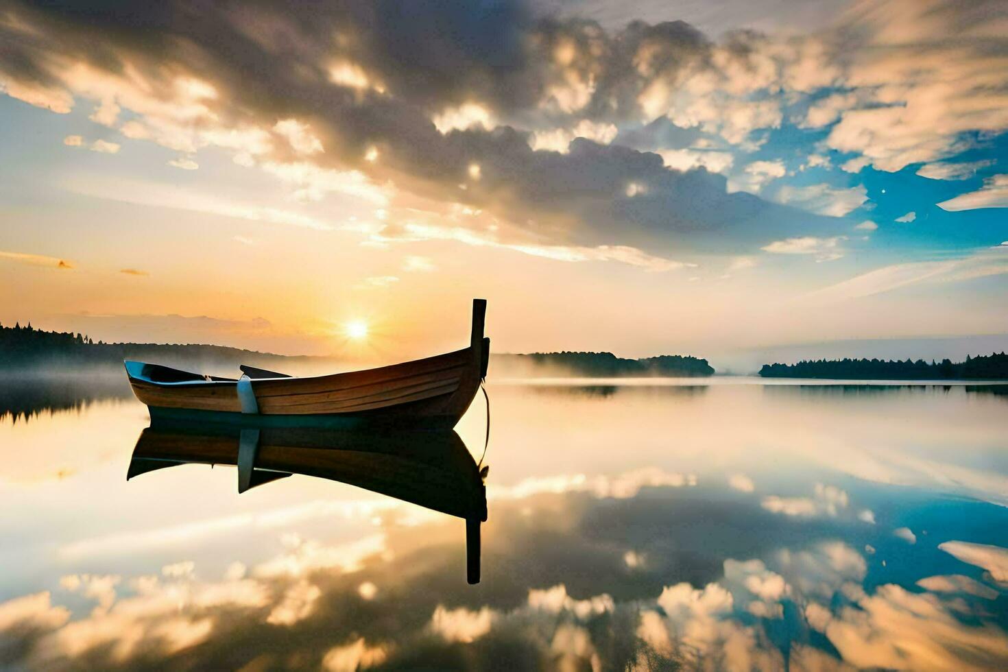 en båt är flytande på de lugna vatten på solnedgång. ai-genererad foto