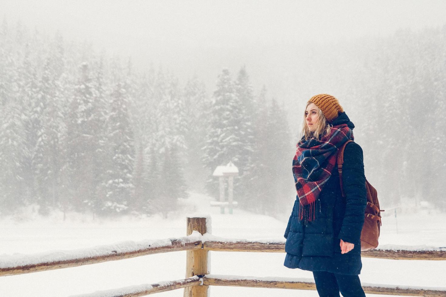 flicka har en promenad genom en tjock skog under en vinterdag foto