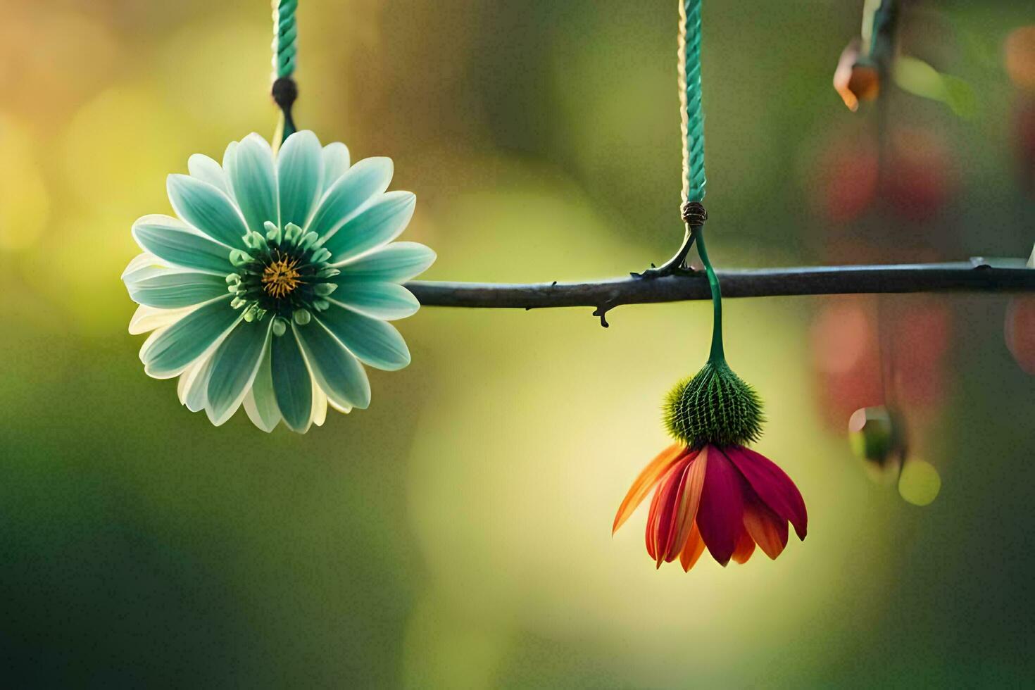 två blommor hängande från en gren. ai-genererad foto