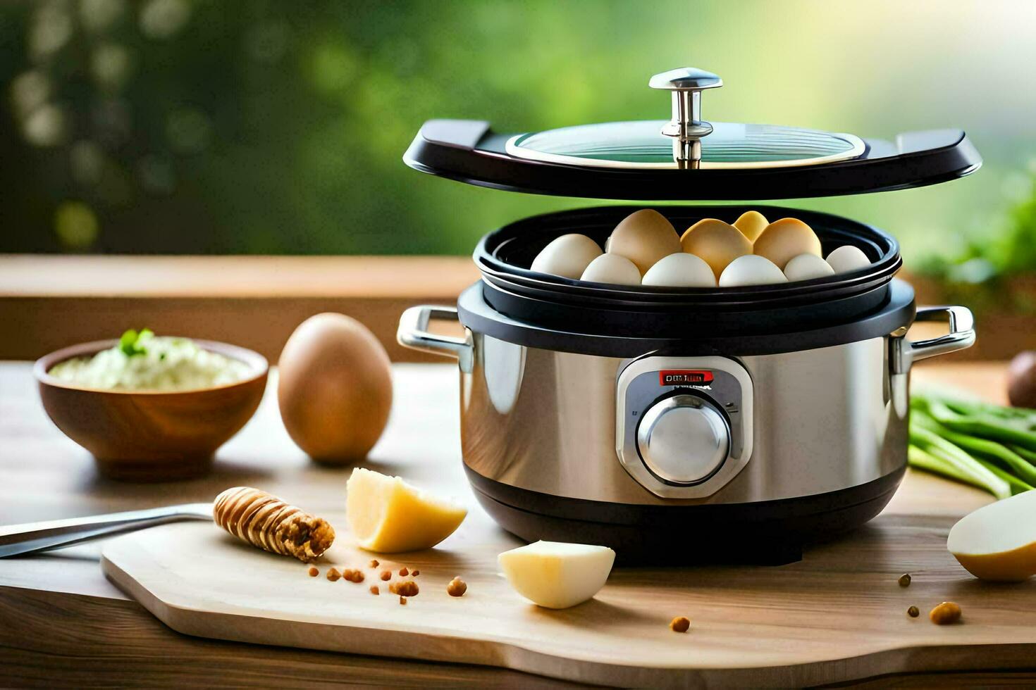 ett elektrisk tryck spis med ägg och Övrig Ingredienser. ai-genererad foto