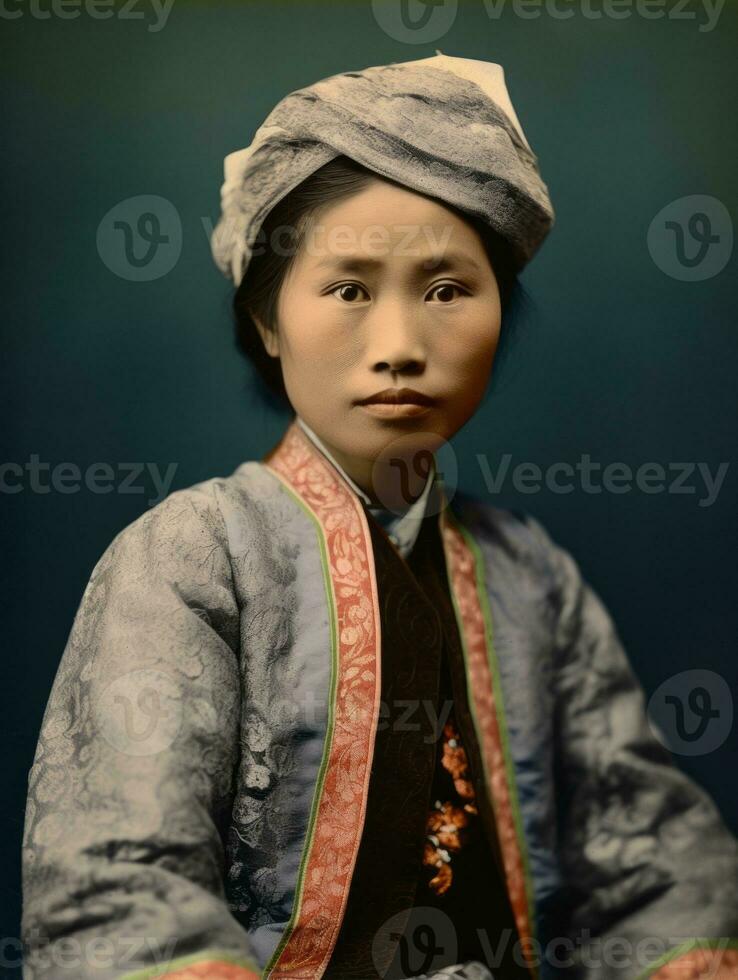 gammal färgad Foto av en asiatisk kvinna från de tidigt 1900 -talet ai generativ