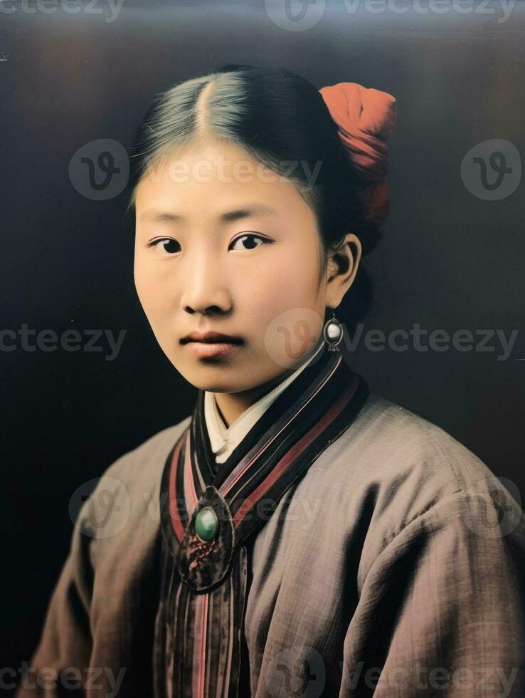 gammal färgad Foto av en asiatisk kvinna från de tidigt 1900 -talet ai generativ