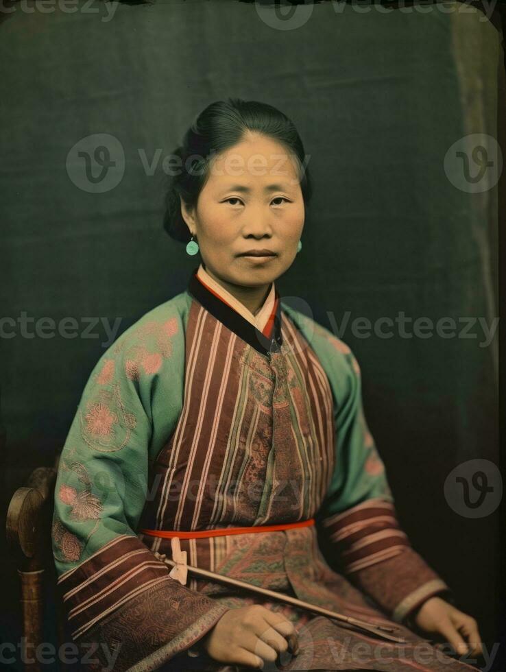 gammal färgad Foto av en asiatisk kvinna från de tidigt 1900 -talet ai generativ