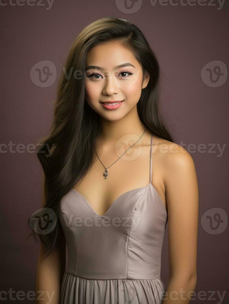 leende ung kvinna av asiatisk härkomst klädd i elegant klänning ai generativ foto