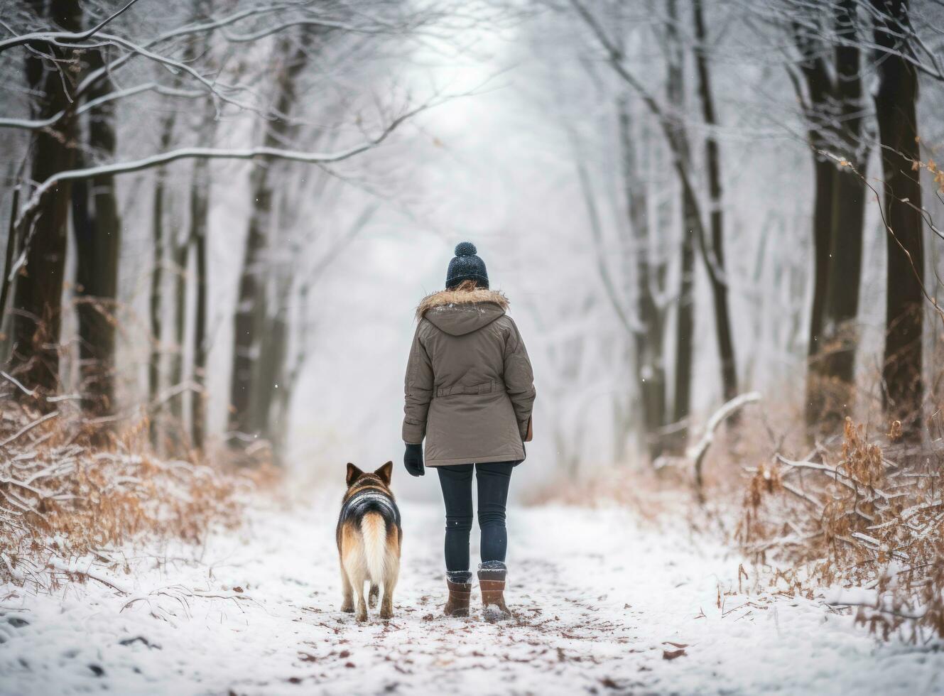 person gående henne hund i en trän i snö foto