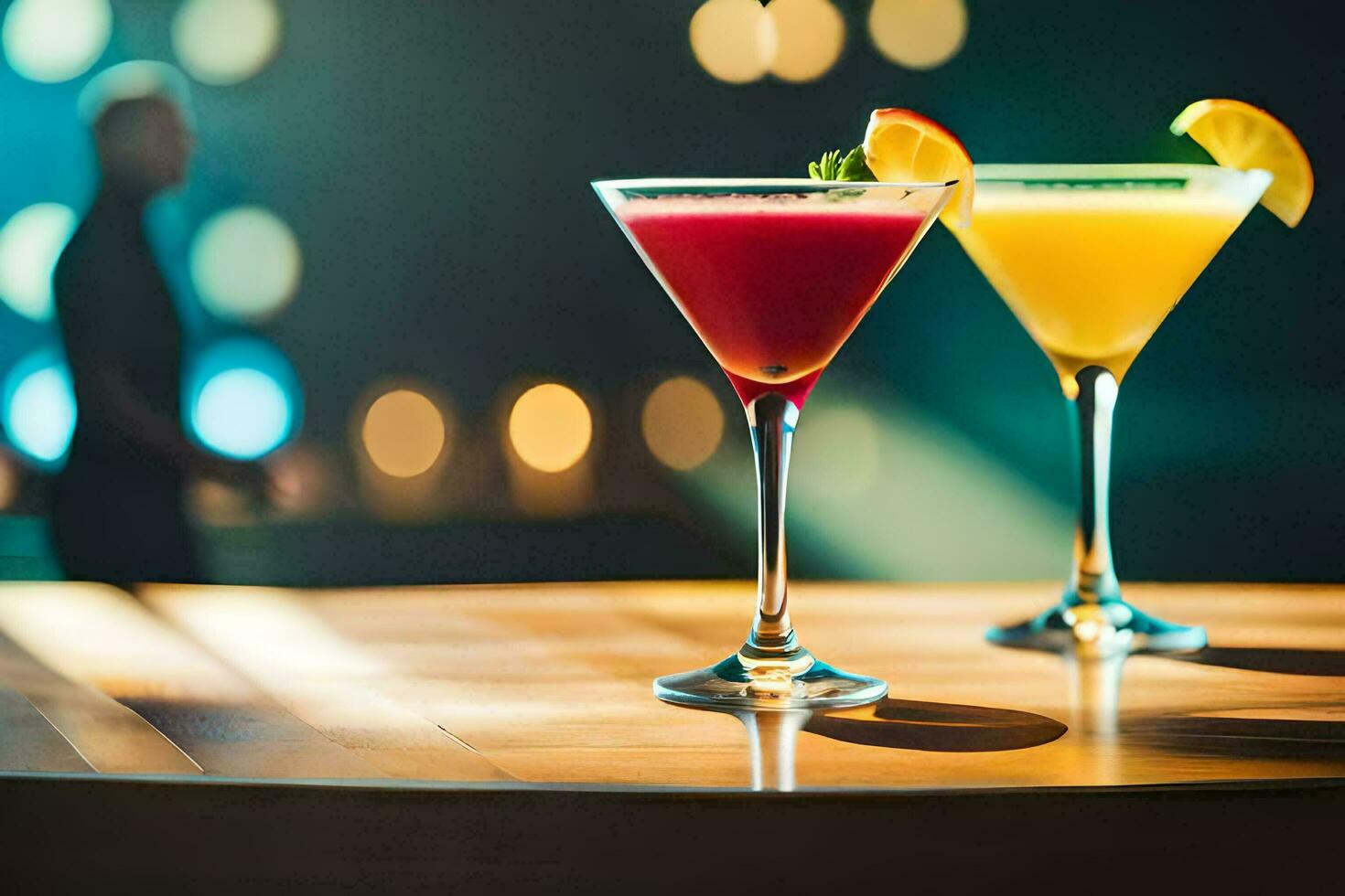 två cocktails sitta på en tabell i främre av en man. ai-genererad foto