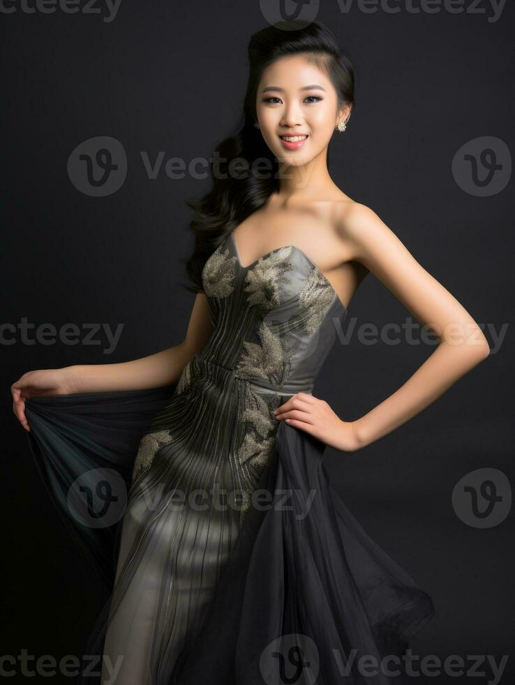 leende ung kvinna av asiatisk härkomst klädd i elegant klänning ai generativ foto