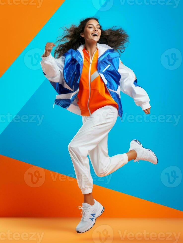 ung europeisk kvinna klädd i sportkläder klart aktiva och full av energi ai generativ foto
