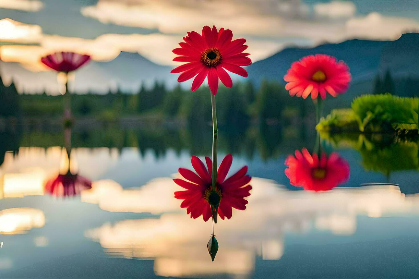 tre röd blommor är reflekterad i en sjö. ai-genererad foto