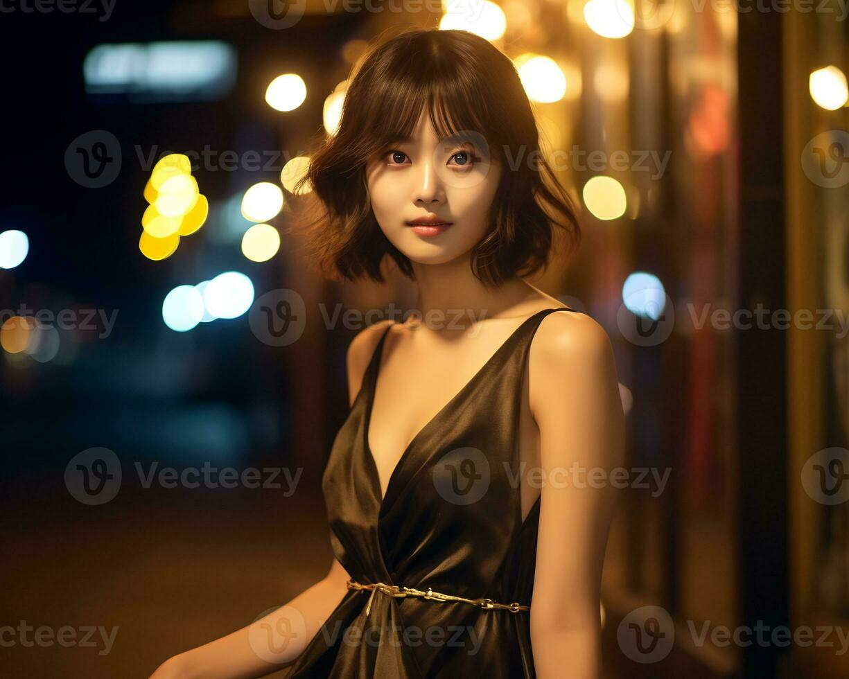 skön asiatisk flicka bär glamour silke klänning ai generativ foto