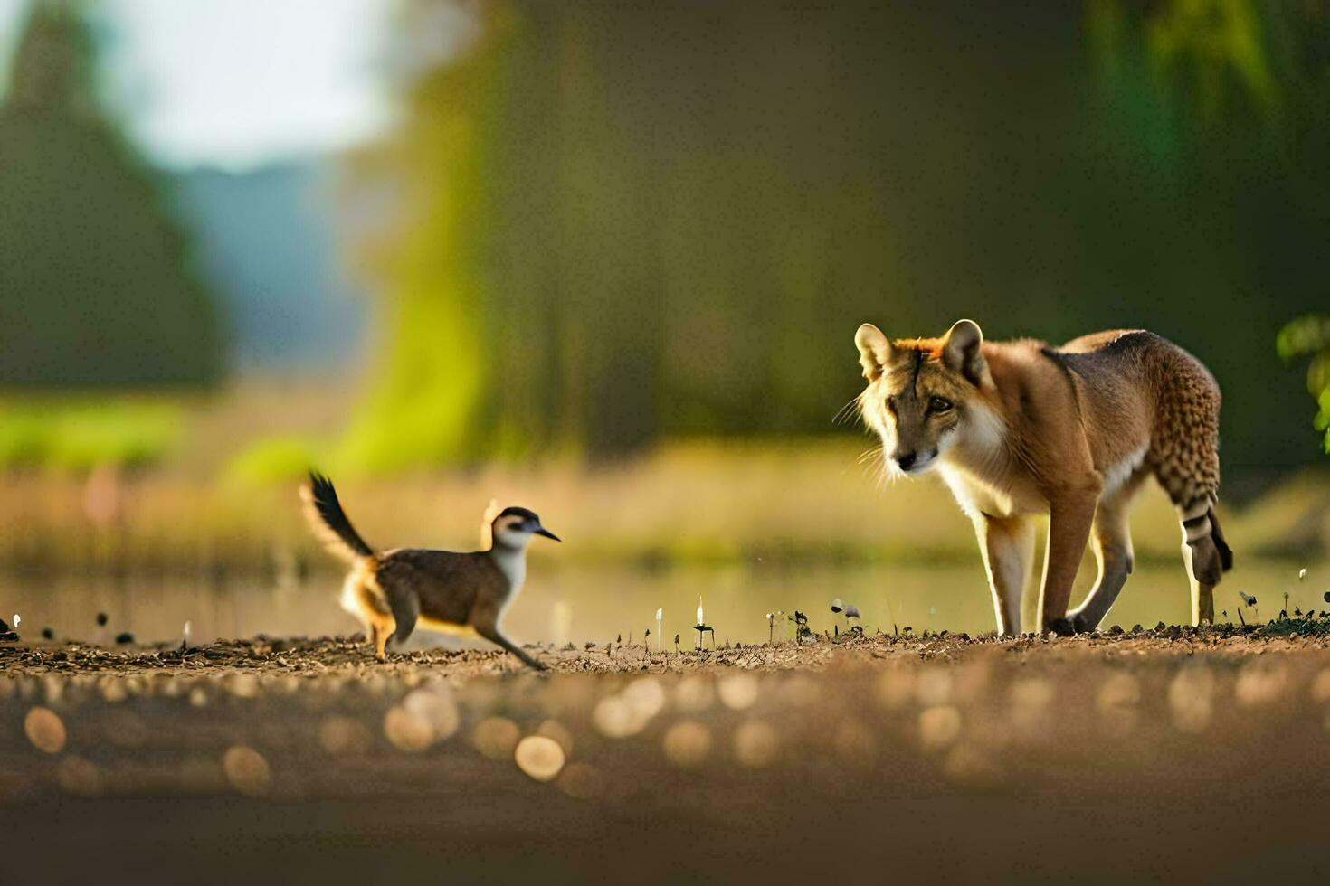 en räv och en fågel promenad tillsammans i de skogen. ai-genererad foto