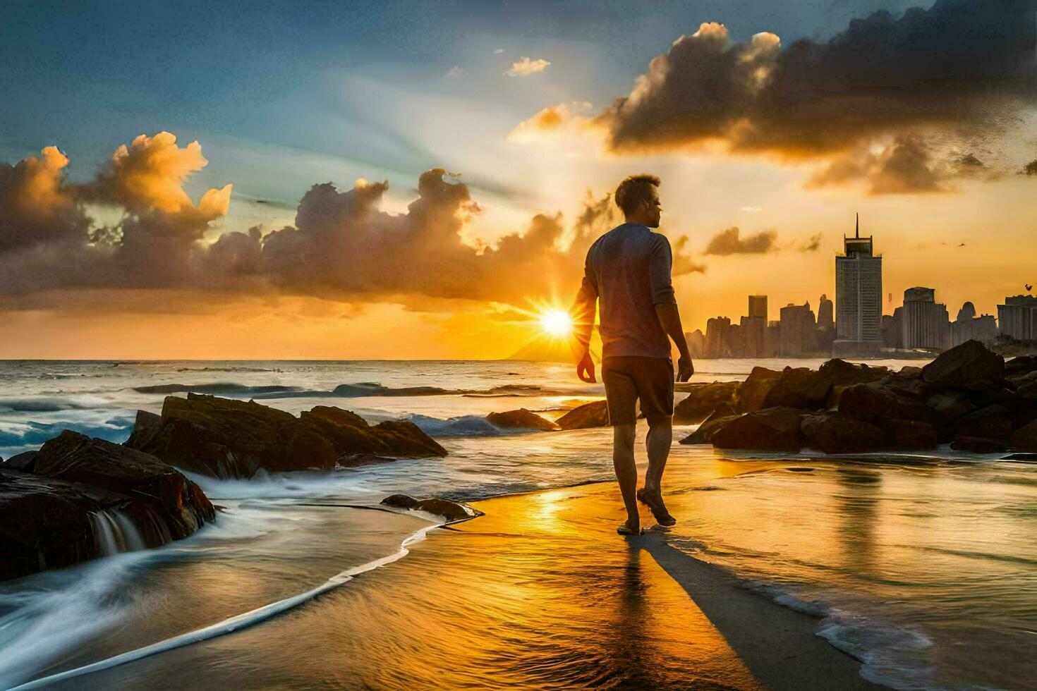 en man promenader längs de strand på solnedgång. ai-genererad foto