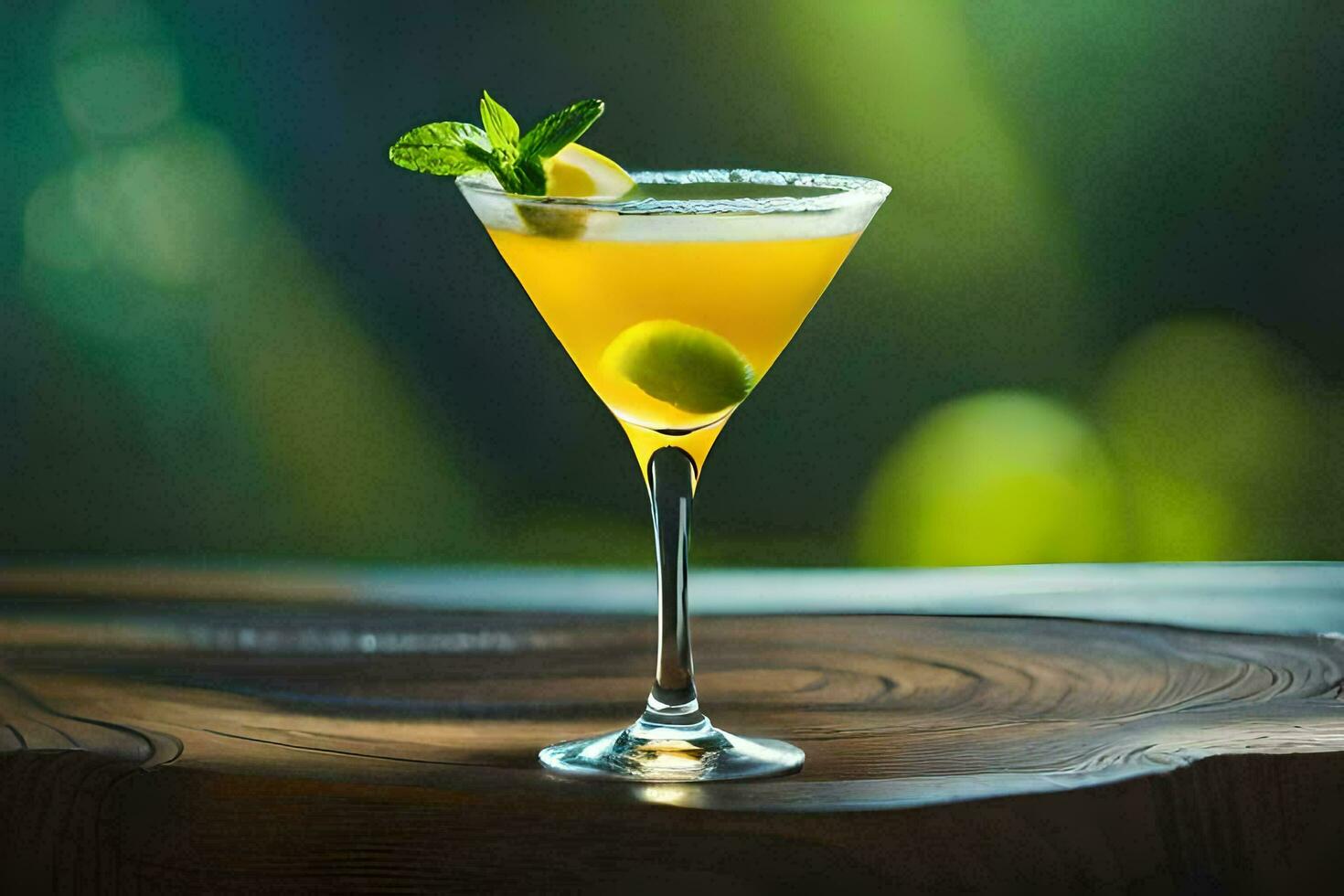 en cocktail med oliver och mynta på en trä- tabell. ai-genererad foto