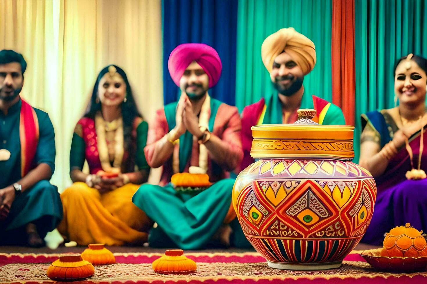 indisk bröllop ceremoni med familj och vänner. ai-genererad foto