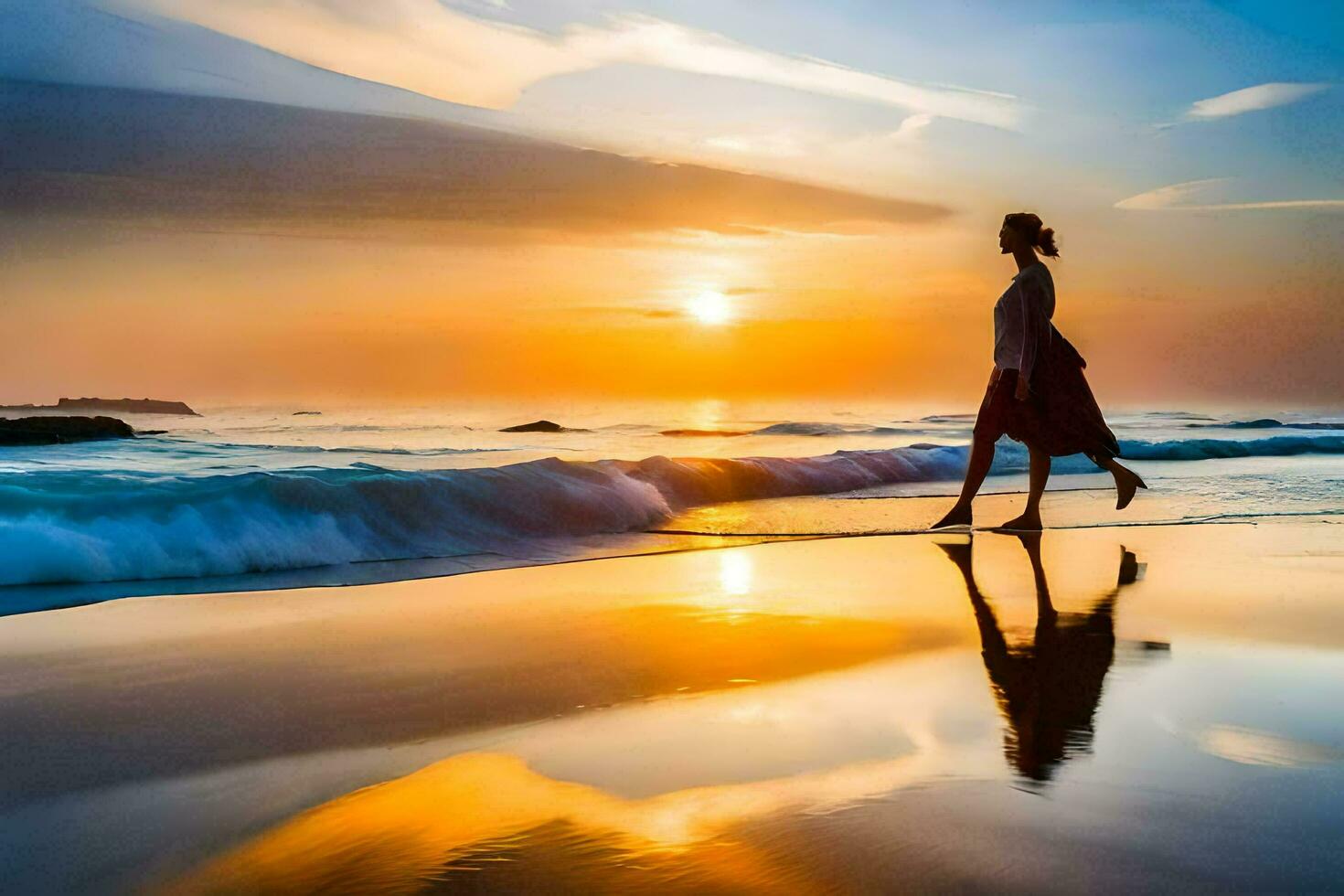 en kvinna gående på de strand på solnedgång. ai-genererad foto