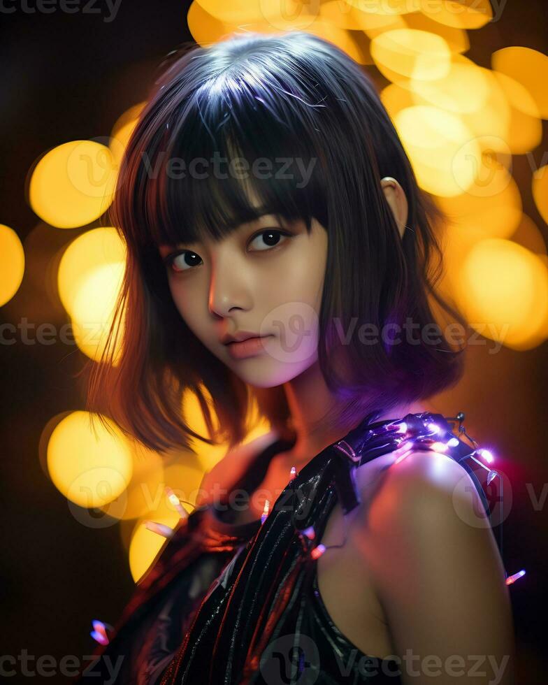 skön asiatisk flicka i modern utrusta ai generativ foto