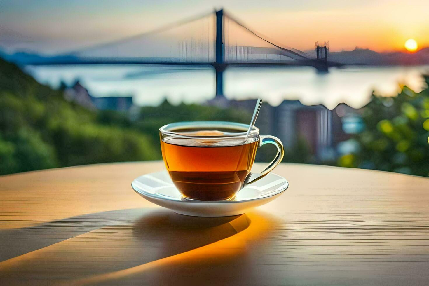 en kopp av te på en tabell i främre av en bro. ai-genererad foto