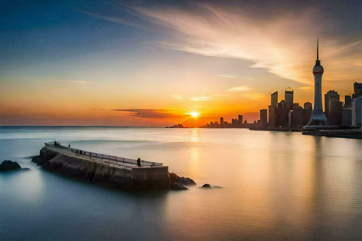 de Sol uppsättningar över de stad horisont i Kina. ai-genererad foto