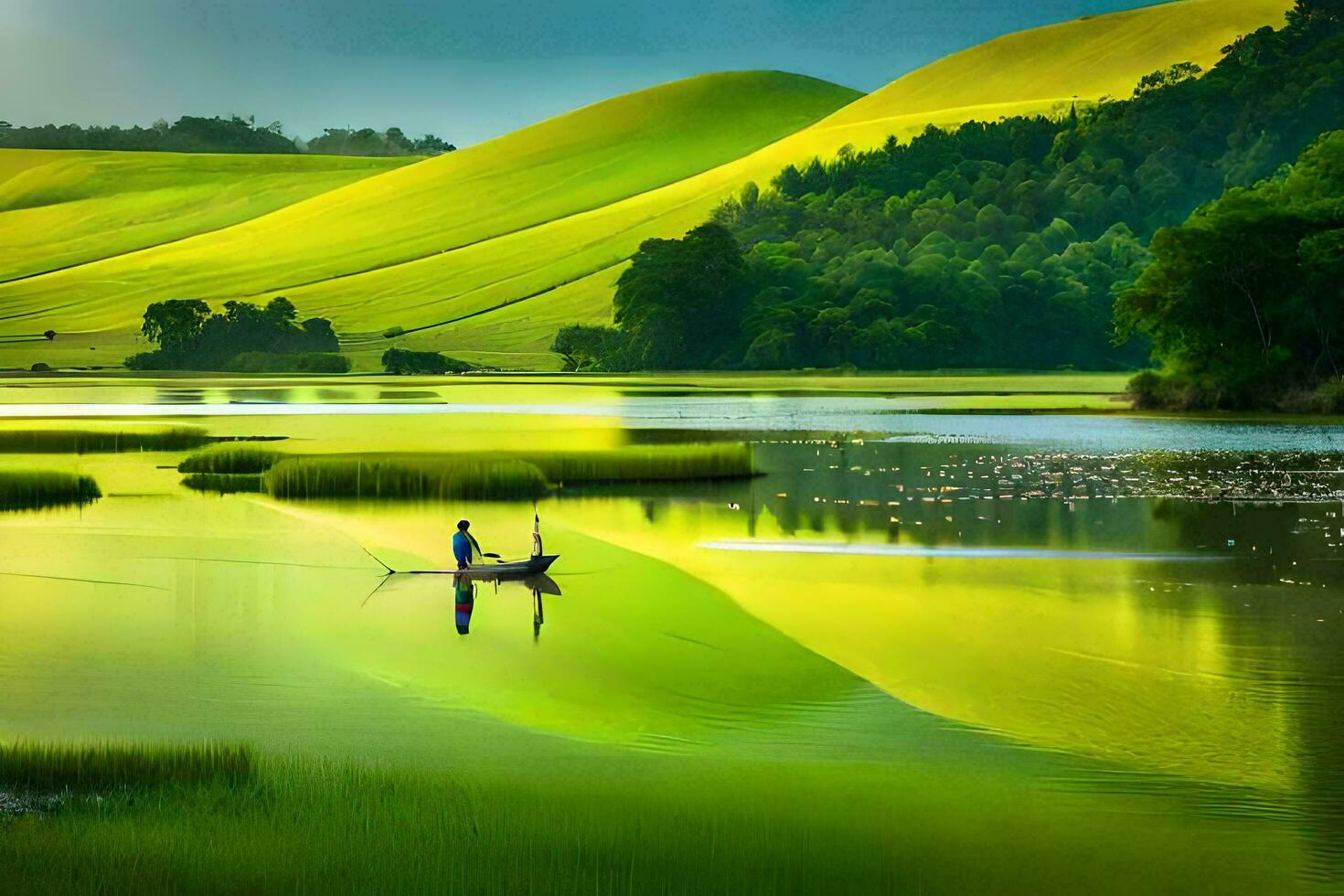 en man i en båt på en sjö omgiven förbi grön kullar. ai-genererad foto