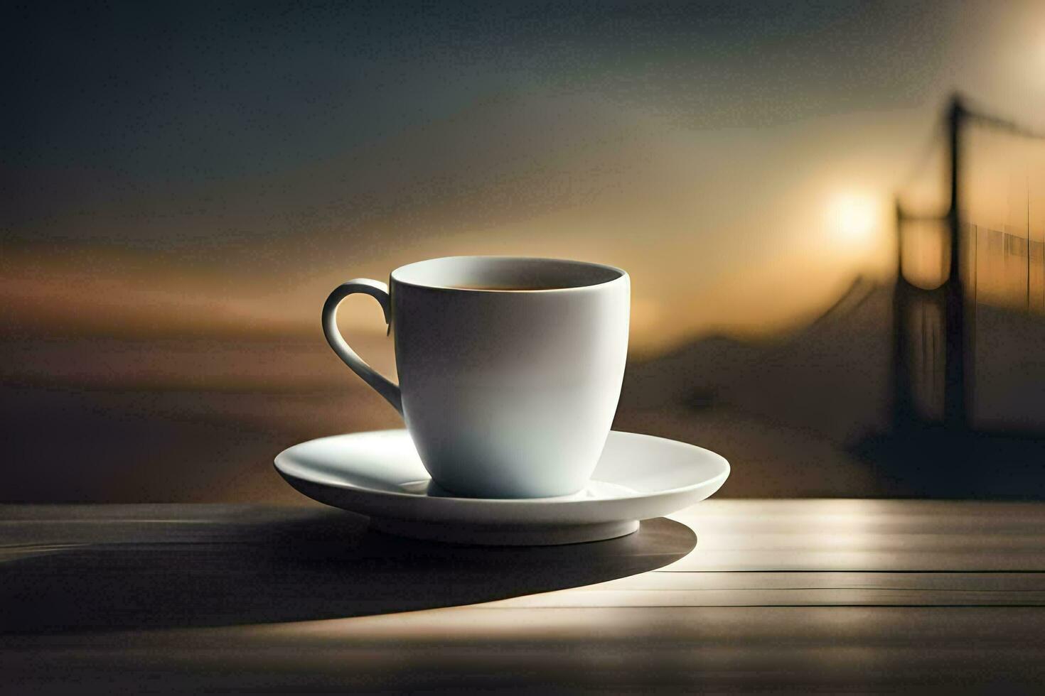 en kopp av kaffe på en tabell med en se av de gyllene Port bro. ai-genererad foto