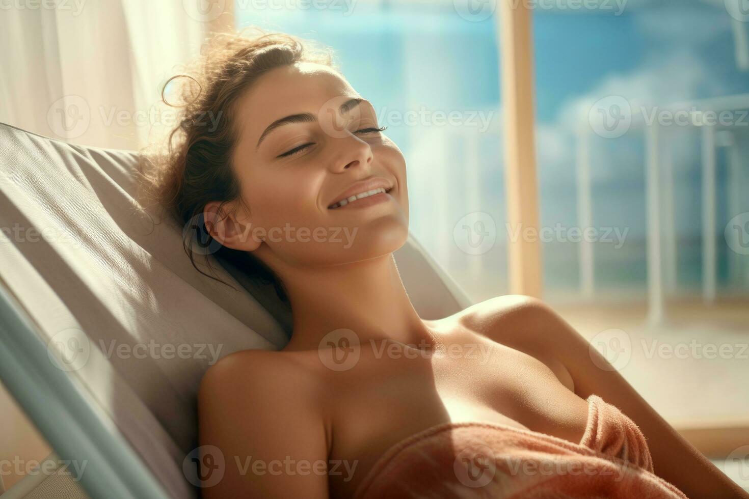 en ung lockigt hår kvinna lögner med henne ögon stängd i en schäs longue på de havsstrand och ler. ai-genererad foto