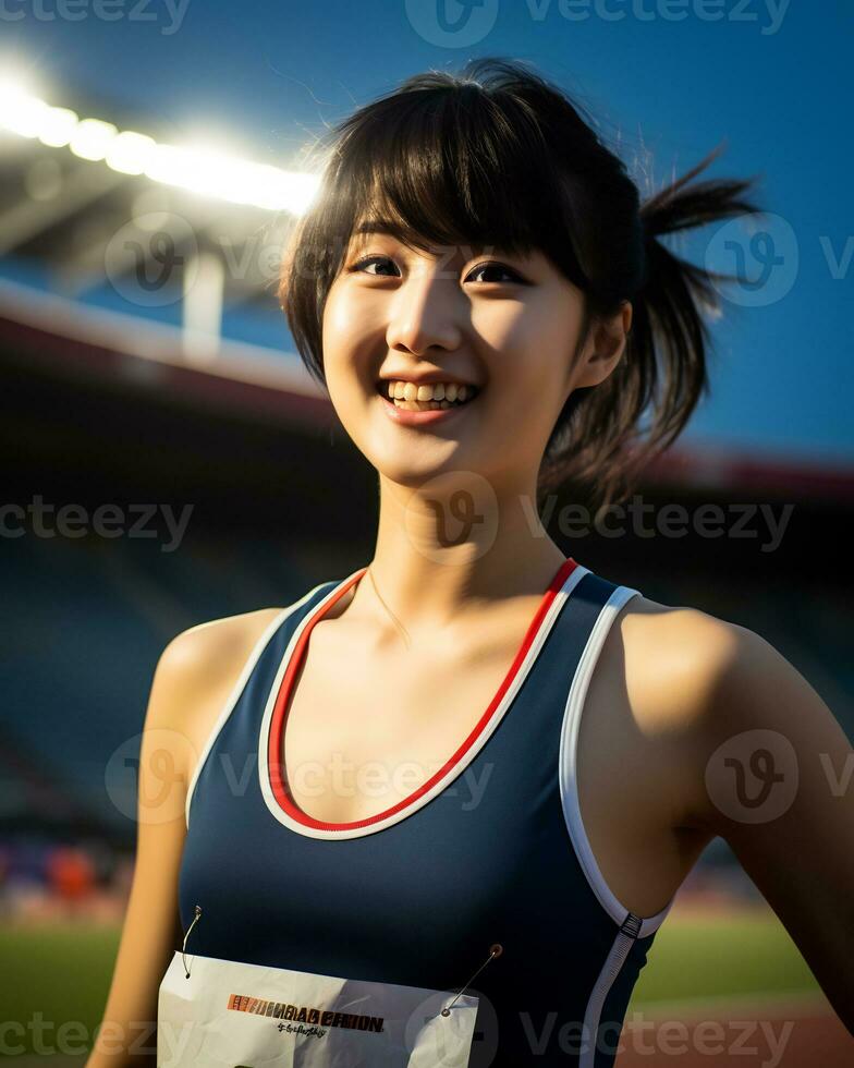 skön leende asiatisk flicka idrottare i sporter arena ai generativ foto