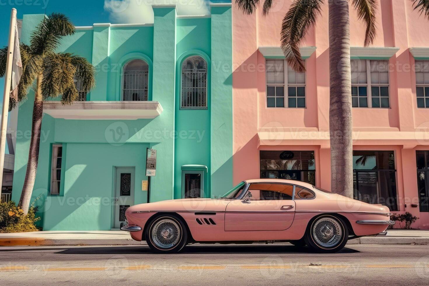 en närbild skott av en årgång 1980 sporter bil parkerad i främre av en vibrerande miami konst deco byggnad, fångande de väsen av lyx och retro stil. generativ ai foto