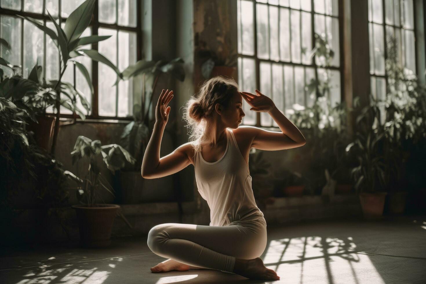 en person av yogis praktiserande yoga poser i en ljus och luftig studio, omgiven förbi växter och naturlig ljus. begrepp av mindfulness och fysisk friskvård. generativ ai foto