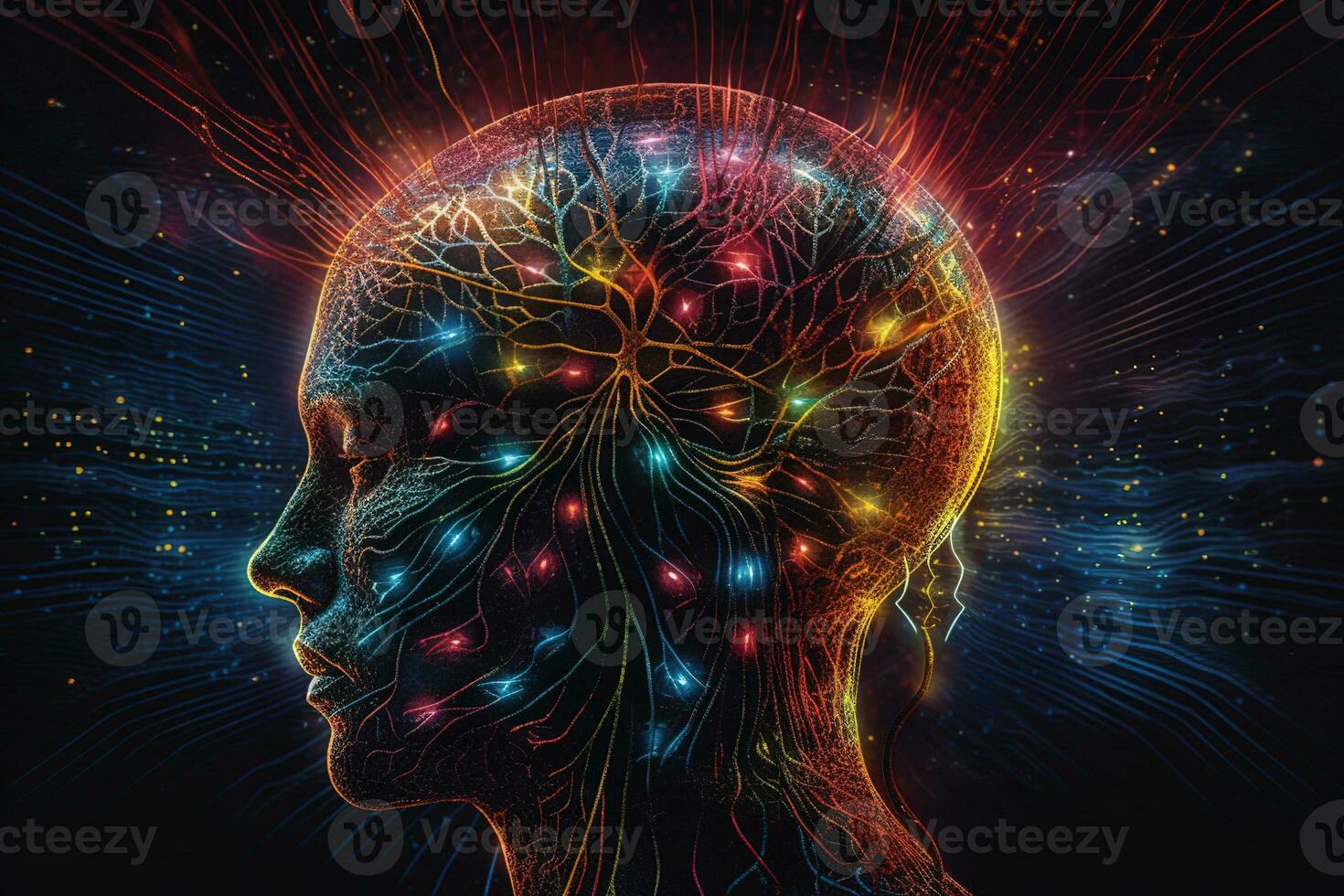 en hjärna läser in en person under stater av överskridande, meditation, Trans eller drömdags. psychedelic färger och geometrisk former är utstrålande från de sinne. generativ ai foto