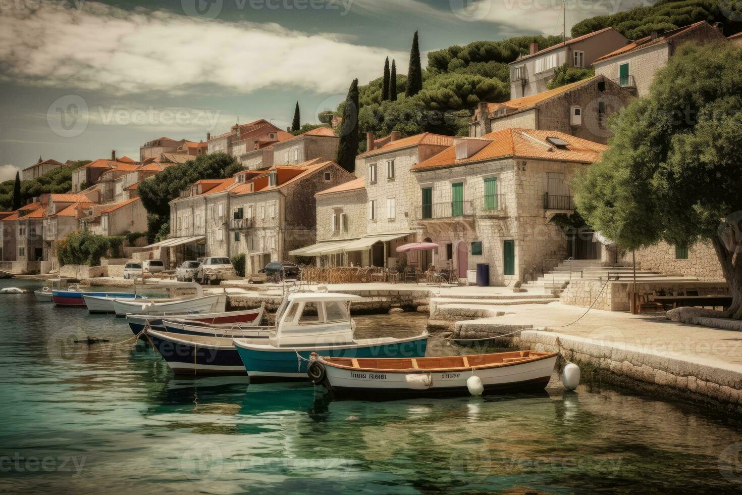 en charmig skott av en små fiske by på de kroatisk kust, med färgrik byggnader och båtar i de hamn. de pittoresk kust byar av kroatien. generativ ai. foto