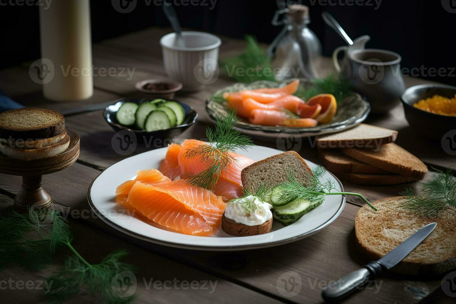 scandinavian frukost spridning, med ett array av rökt lax, inlagd sill, knäckebröd, och skivad gurkor, eras på en elegant, modern tallrik med färsk dill garnering. generativ ai. foto